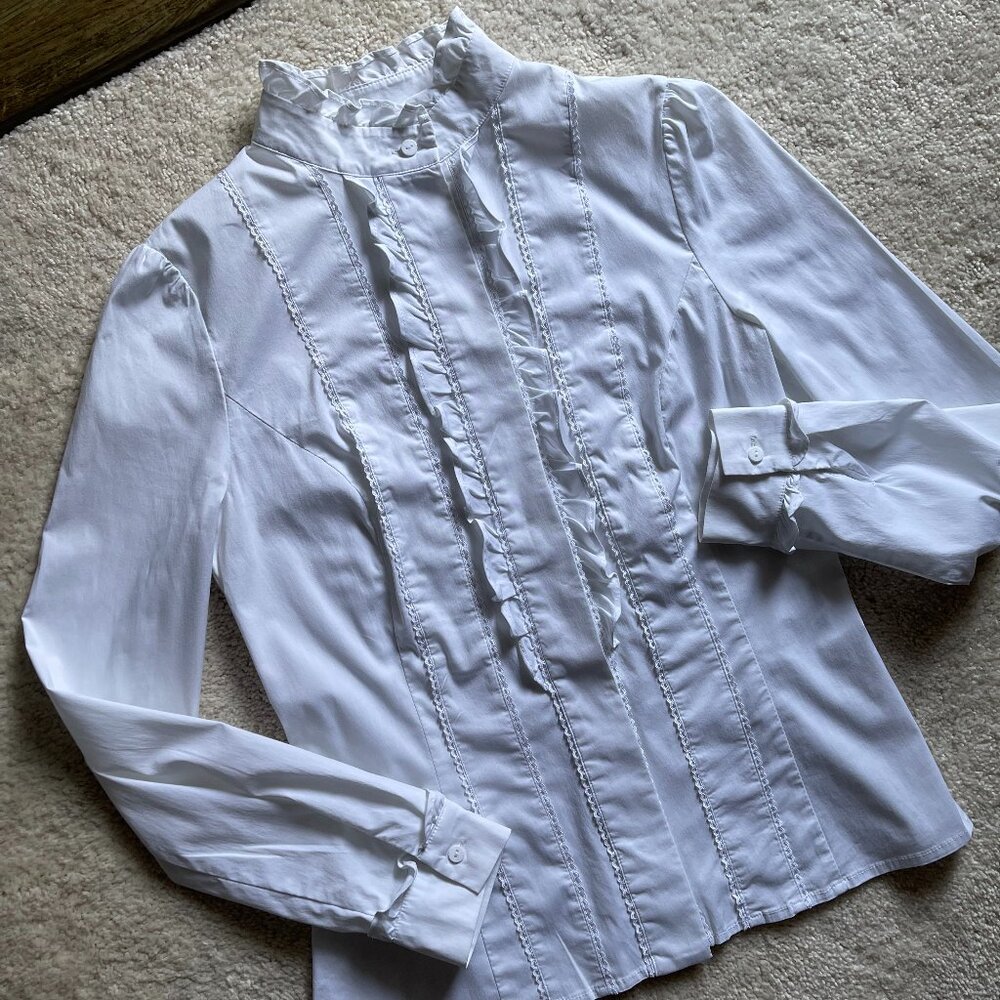 Cute White Old-Fashioned White Button-Down Women Blouse Puffed Sleeve Size M